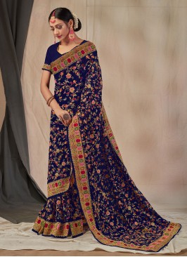 Georgette Navy Blue Embroidered Classic Designer Saree