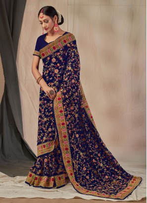 Georgette Navy Blue Embroidered Classic Designer Saree