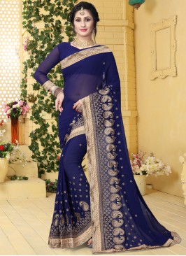 Georgette Navy Blue Embroidered Classic Saree