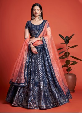 Georgette Navy Blue Embroidered Trendy Lehenga Choli