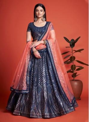 Georgette Navy Blue Embroidered Trendy Lehenga Choli