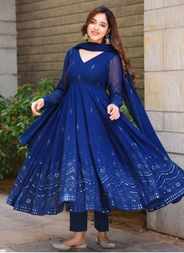 Georgette Navy Blue Embroidered Trendy Salwar Suit