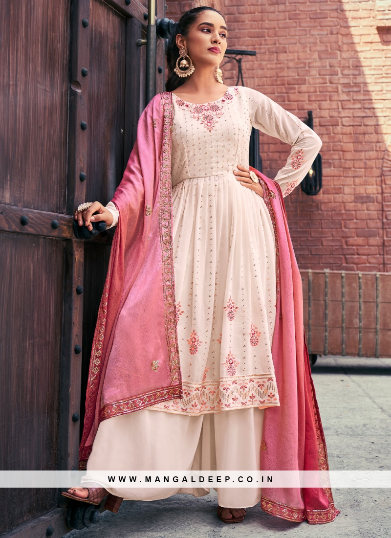 White Color Designer Salwar Suit With Sequence Embroidery and Pant Dupatta  in USA, UK, Malaysia, South Africa, Dubai, Singapore