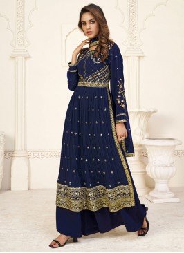 Georgette Palazzo Salwar Suit in Navy Blue