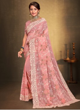 Georgette Peach Resham Saree