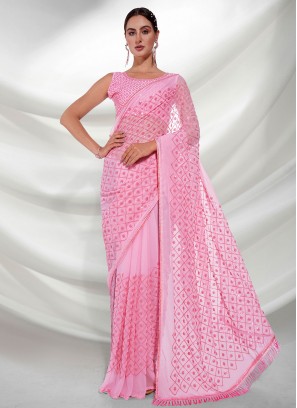 Georgette Pink Embroidered Classic Saree