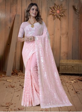 Georgette Pink Embroidered Contemporary Style Saree