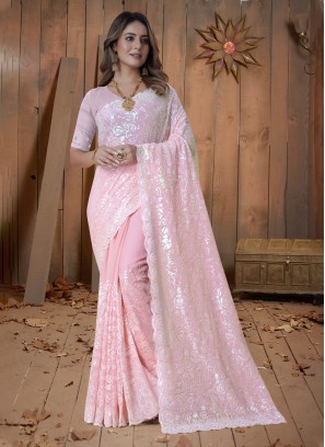 Georgette Pink Embroidered Contemporary Style Saree