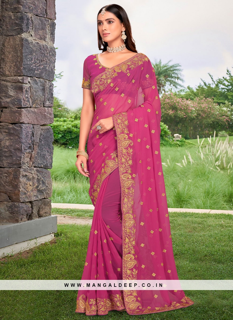 Party Wear Rani Color Georgette Sequence Work saree - Latest Sarees - New  In - Indian