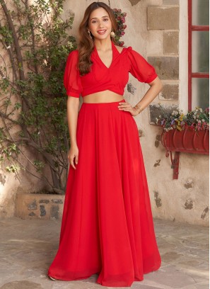 Georgette Plain Red Readymade Lehenga Choli