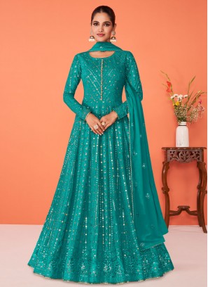 Georgette Readymade Salwar Suit in Turquoise