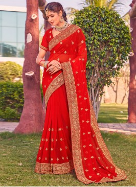 Georgette Red Embroidered Classic Saree