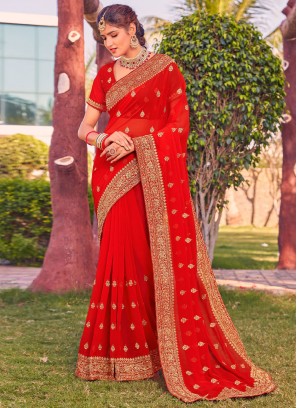 Georgette Red Embroidered Classic Saree