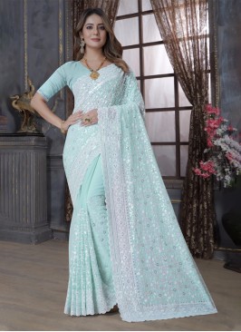 Georgette Resham Aqua Blue Contemporary Saree