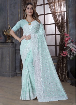 Georgette Resham Aqua Blue Contemporary Saree