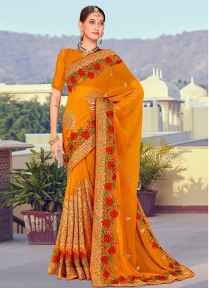 Georgette Resham Classic Saree in Orange