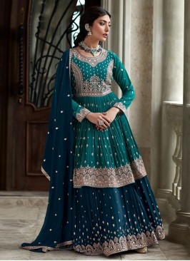 Georgette Resham Lehenga Choli in Rama