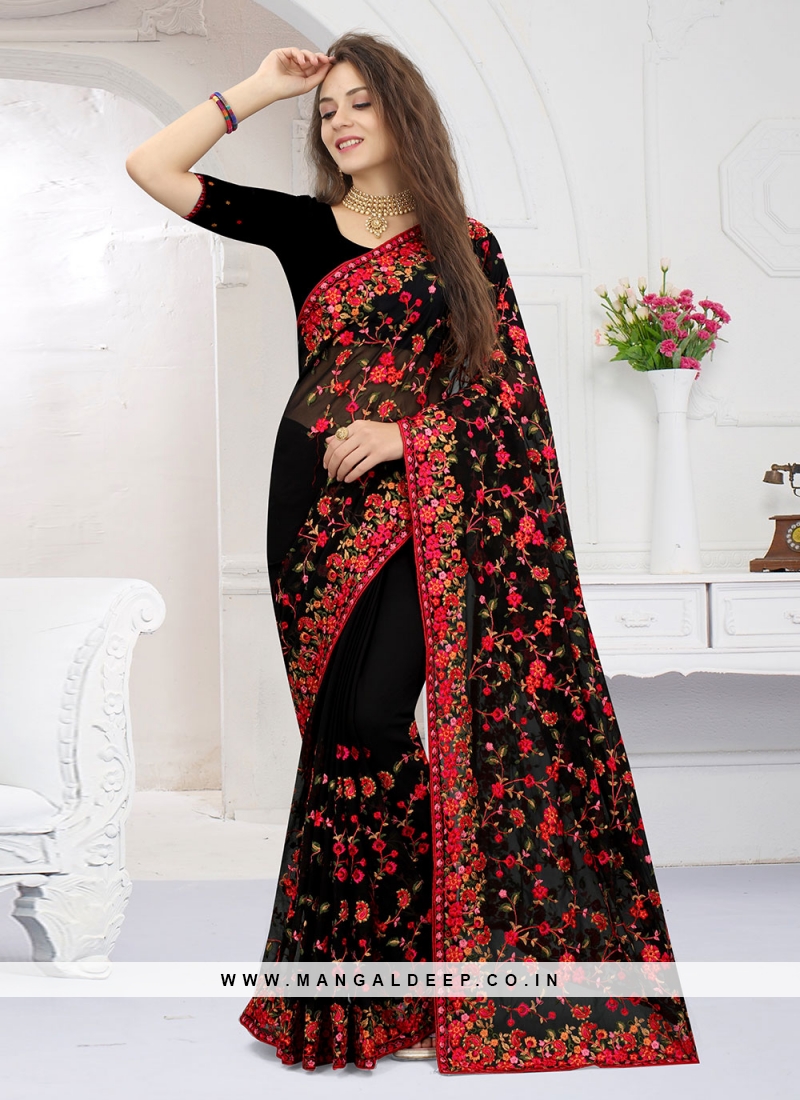 Georgette Resham Traditional Saree in Black