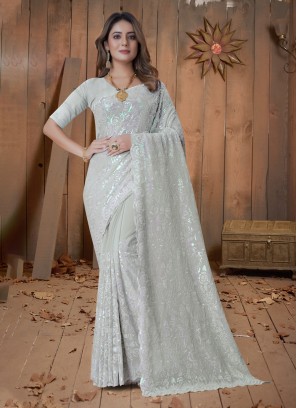 Georgette Resham Trendy Saree in Sea Green