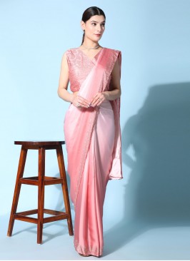 Georgette Satin Border Rose Pink Contemporary Saree