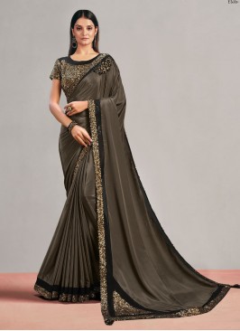 Georgette Satin Brown Embroidered Contemporary Style Saree