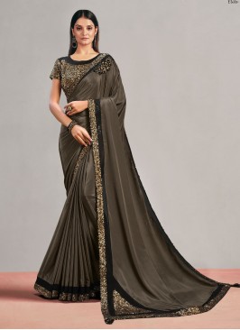 Georgette Satin Brown Embroidered Contemporary Style Saree