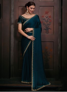 Georgette Satin Turquoise Handwork Designer Saree