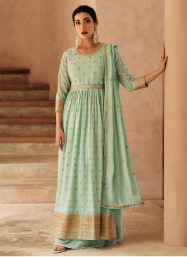 Georgette Sea Green Embroidered Readymade Salwar Kameez