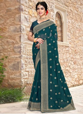 Georgette Sea Green Embroidered Saree