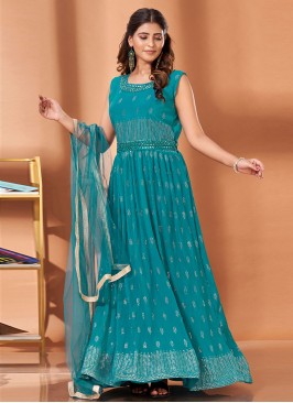 Georgette Sea Green Mukesh Designer Gown