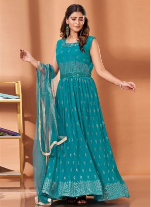 Georgette Sea Green Mukesh Designer Gown