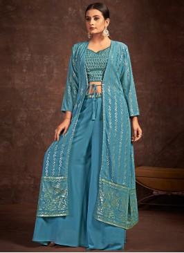 Georgette Sequins A Line Lehenga Choli in Teal