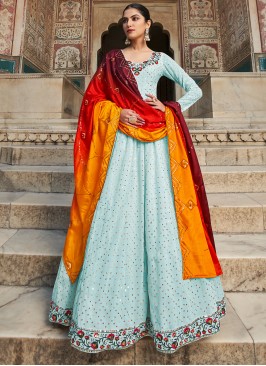 Georgette Sequins Aqua Blue Readymade Gown