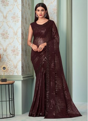 Georgette Sequins Brown Trendy Saree