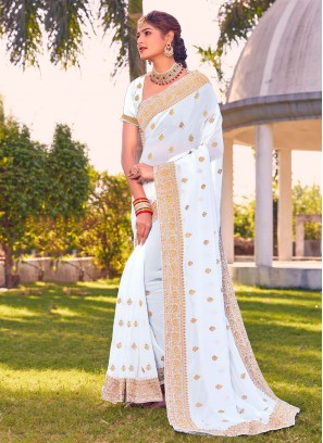 Georgette Stone Saree in White