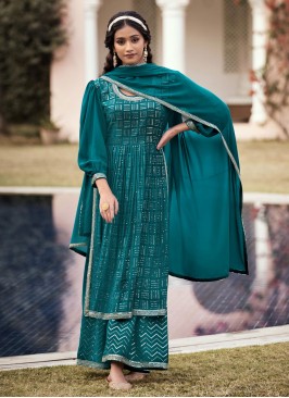 Georgette Teal Embroidered Salwar Kameez