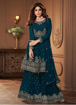 Georgette Teal Embroidered Salwar Suit