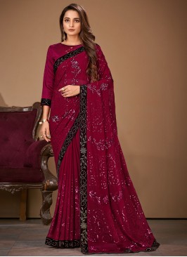 Georgette Traditional Saree in Rani