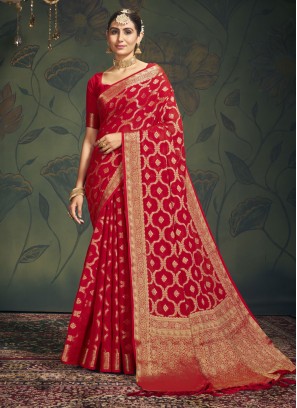 Georgette Weaving Classic Saree in Red