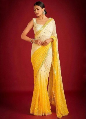 Georgette White and Yellow Sequins Classic Saree