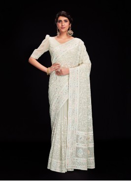 Georgette White Sequins Classic Designer Saree