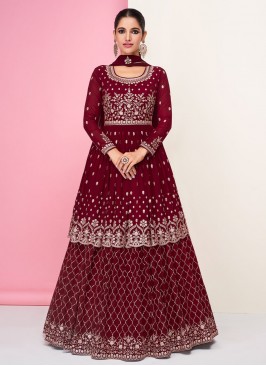 Georgette Wine Embroidered A Line Lehenga Choli