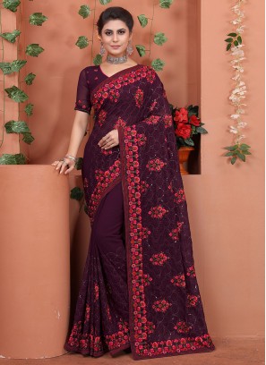 Georgette Wine Embroidered Classic Designer Saree