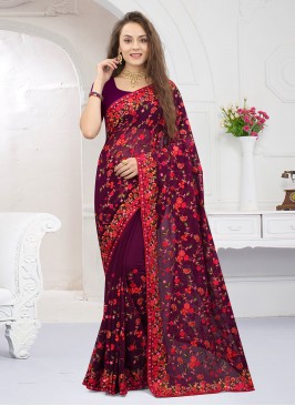 Georgette Wine Embroidered Classic Saree