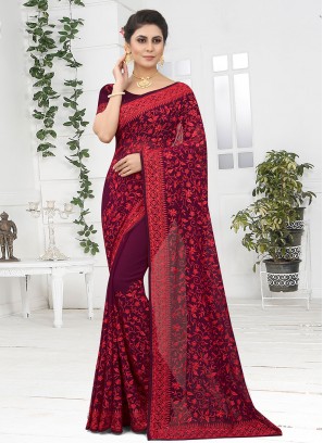 Georgette Wine Embroidered Trendy Saree