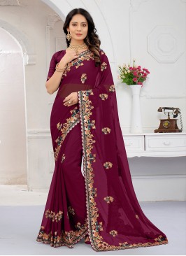 Georgette Wine Zircon Traditional Designer Saree