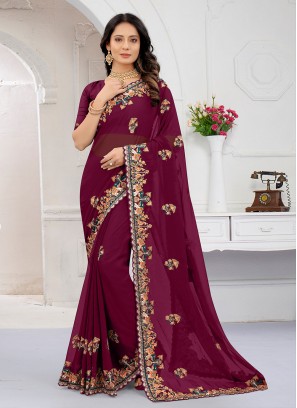 Georgette Wine Zircon Traditional Designer Saree