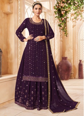 Georgette Zari A Line Lehenga Choli in Purple