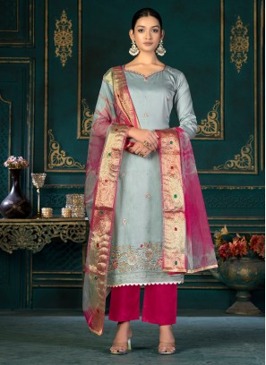 Gilded Designer Aqua Blue Cotton Straight Salwar Suit