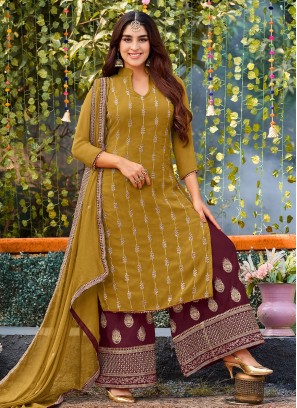 Gilded Faux Georgette Lace Mustard and Wine Straight Salwar Suit